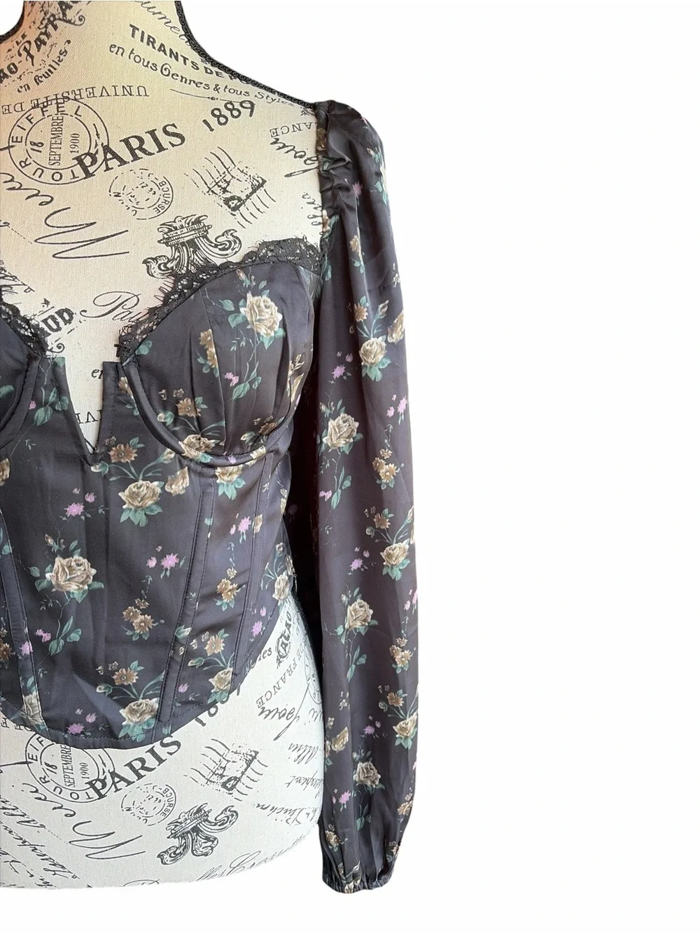 ASTR The Label Josephine Floral Corset Puff Sleeve Top Black Size Medium